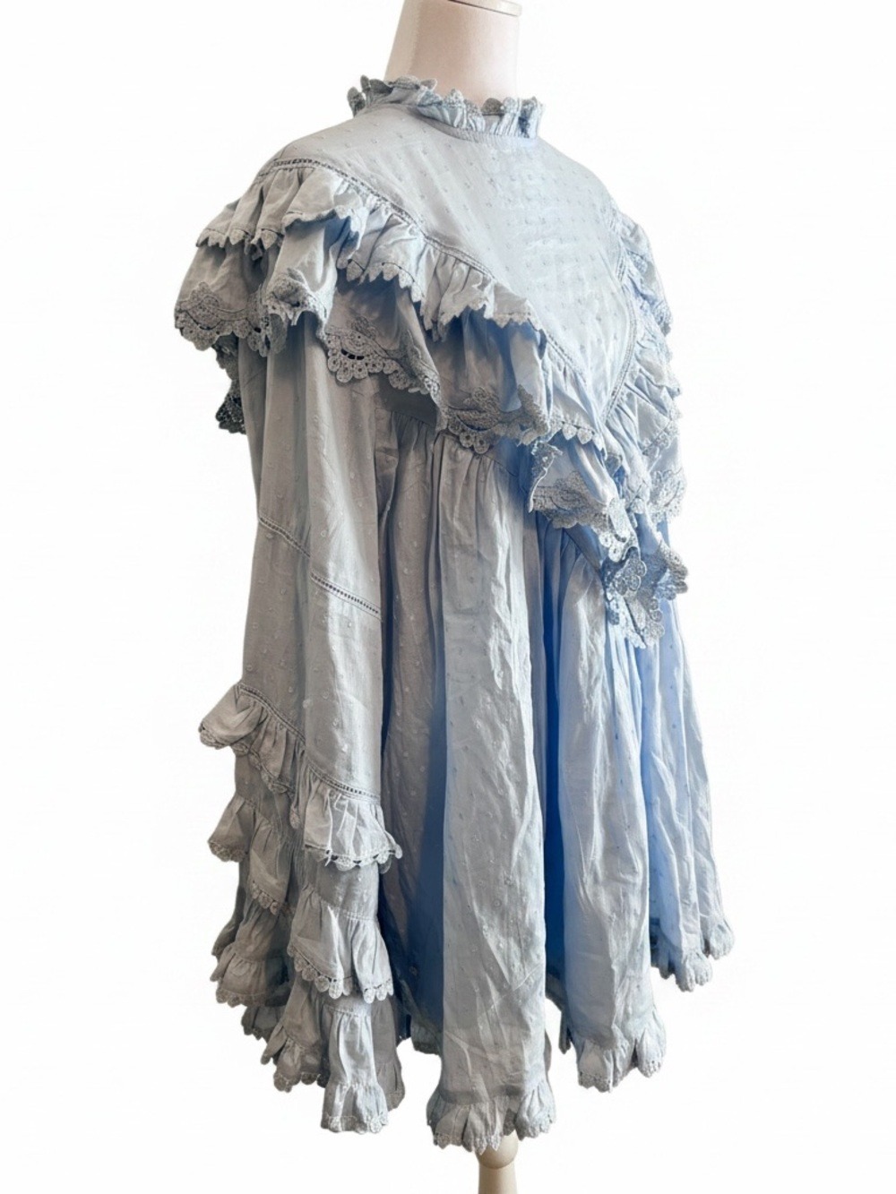 ASOS DESIGN Boho High Neck Angled Frill Mini Dress in Soft Blue - Size 4 - Picture 4 of 8